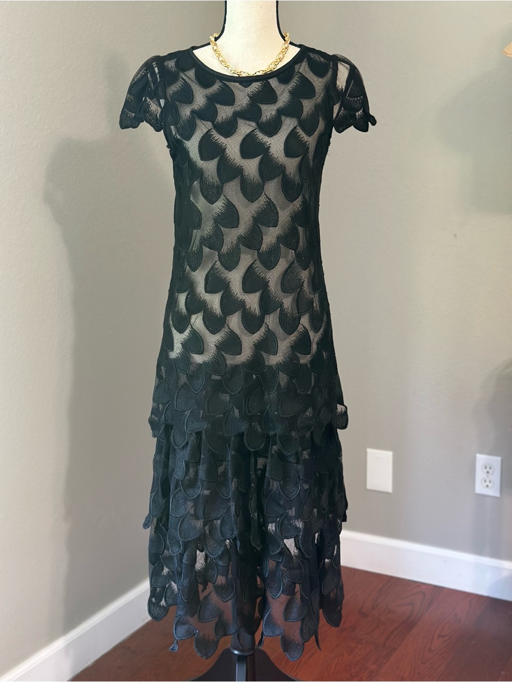 Vintage Lee Jordan Black Sheer Petals Flapper Style Dress